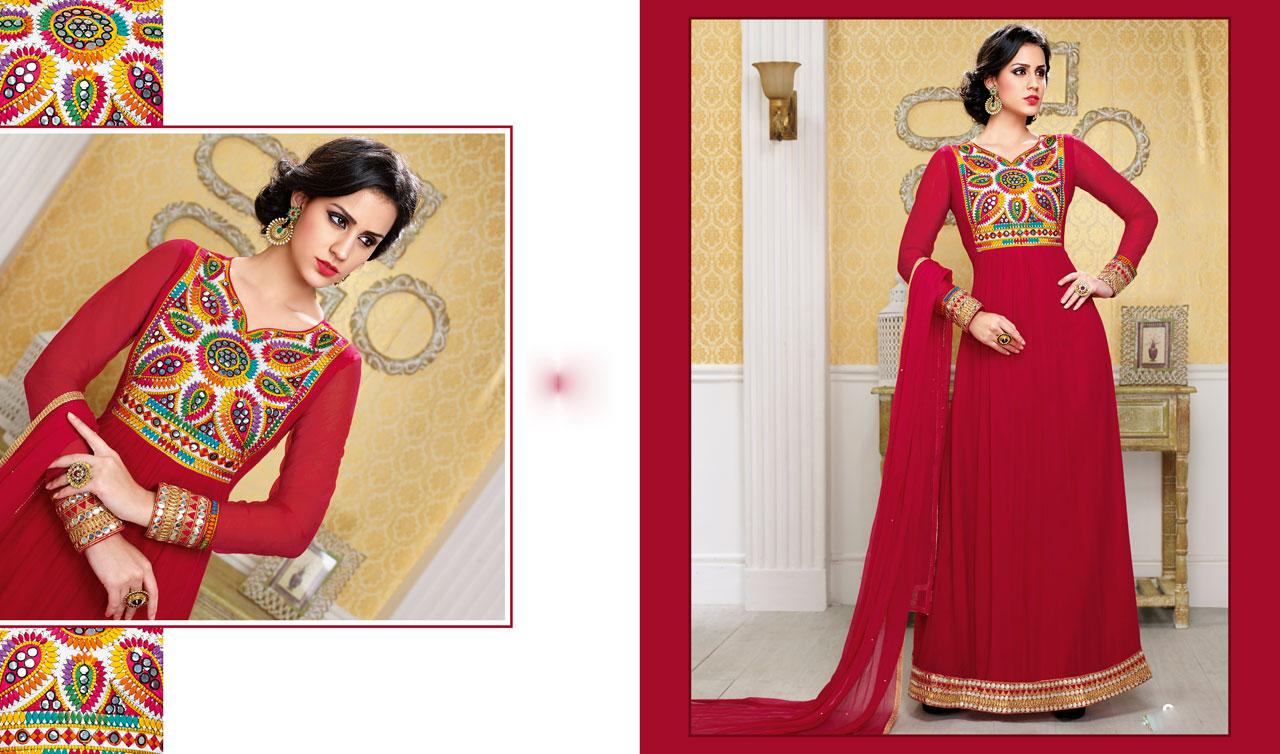 Red Georgette Kachi With Mirror Work Abaya Style Suit 40709