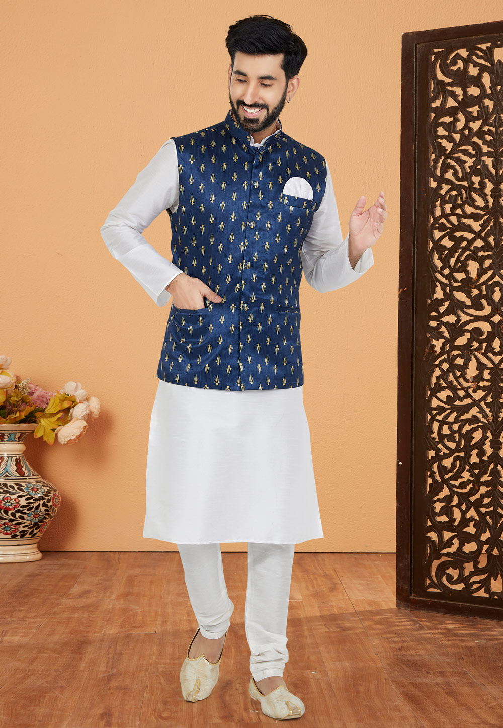 White Banarasi Kurta Pajama With Jacket 268529