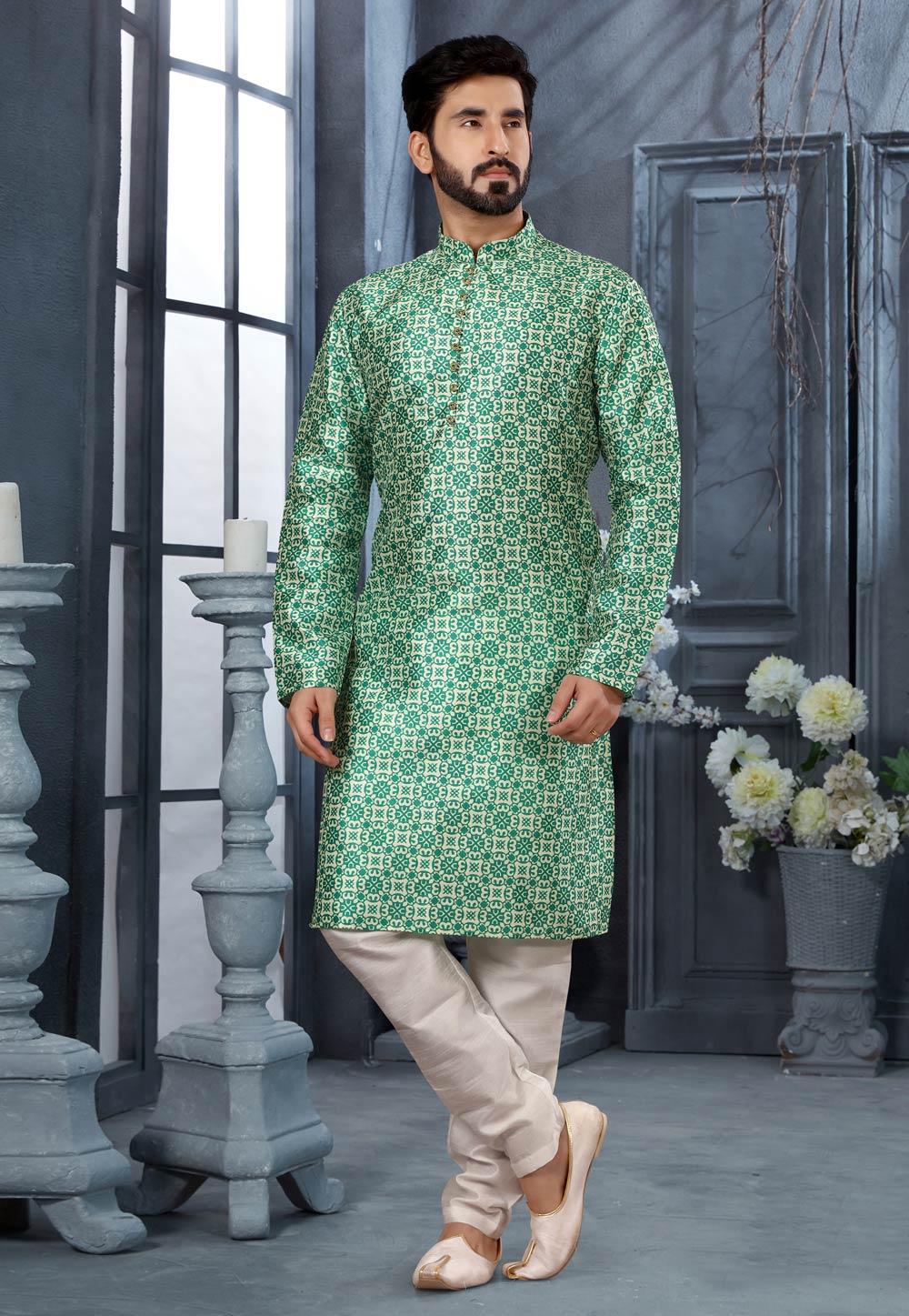 Light Green Silk Kurta Pajama 250462