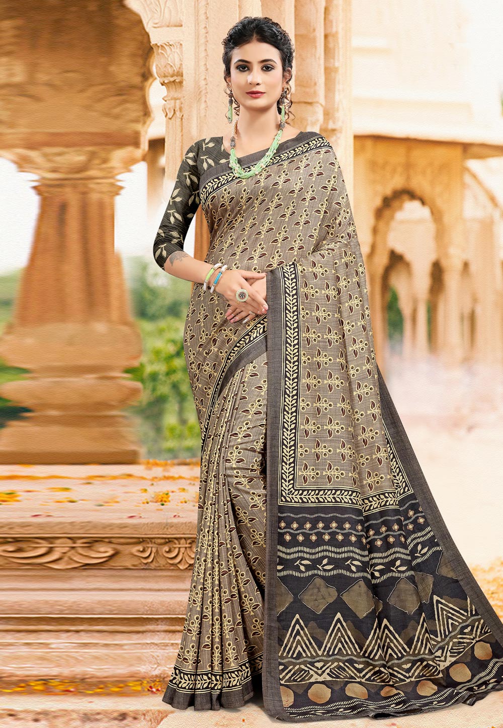 Beige Tussar Silk Printed Saree With Blouse 228604