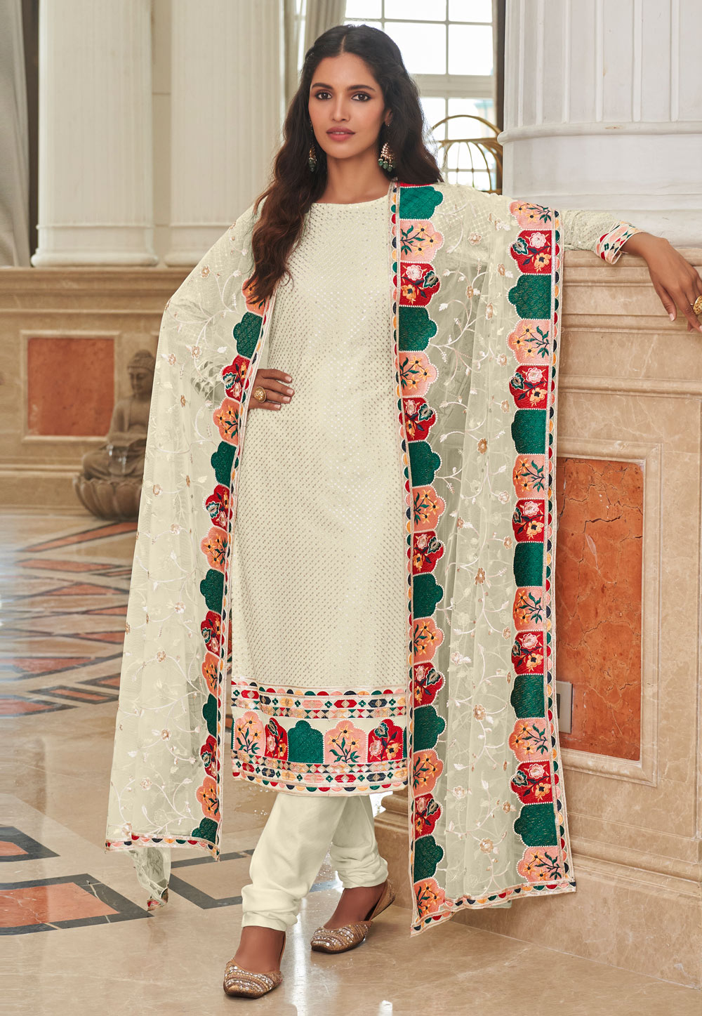 Off White Georgette Churidar Suit 259776