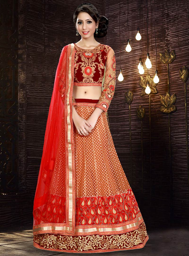 Red Jacquard Net Wedding Lehenga Choli 74556