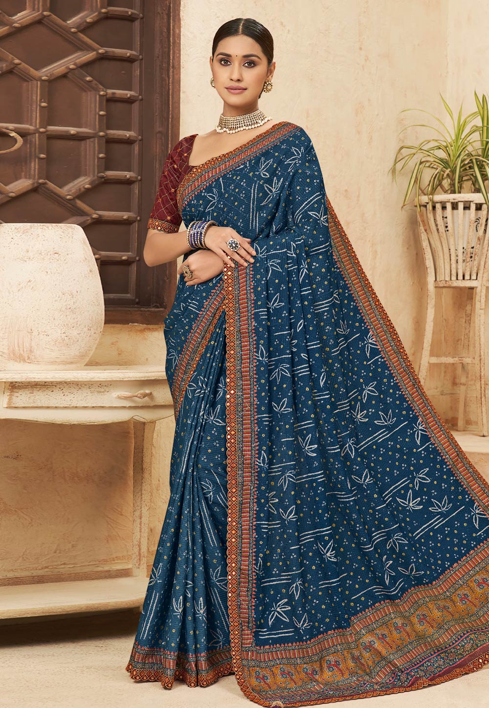 Teal Chinon Saree With Blouse 254072