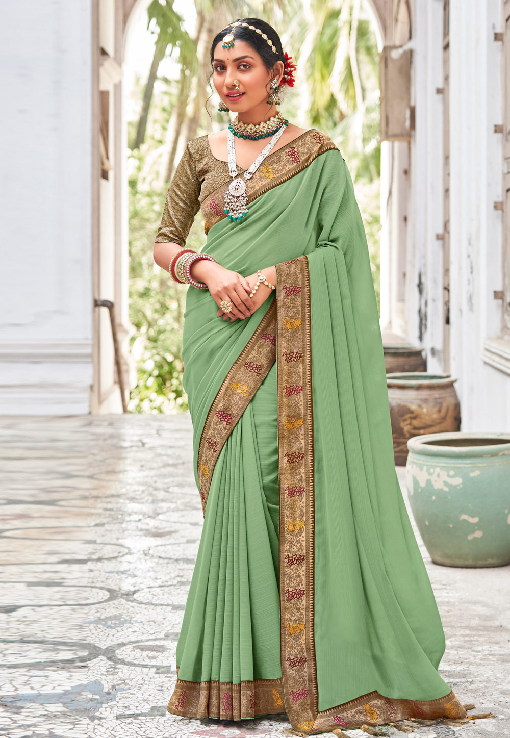 Pista Green Silk Saree With Blouse 266606