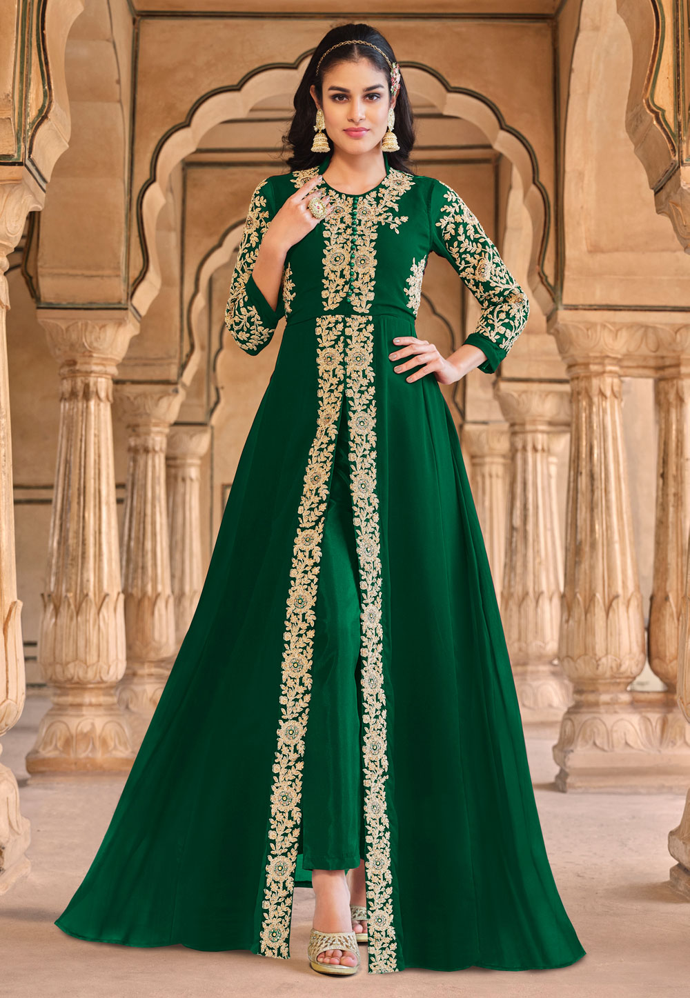 Green Georgette Pant Style Suit 259547