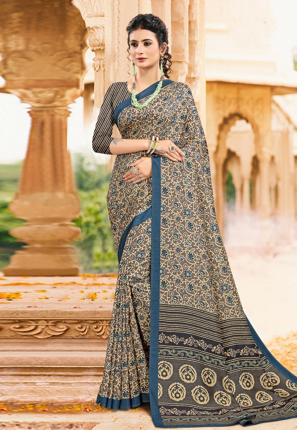 Brown Tussar Silk Printed Saree With Blouse 228606