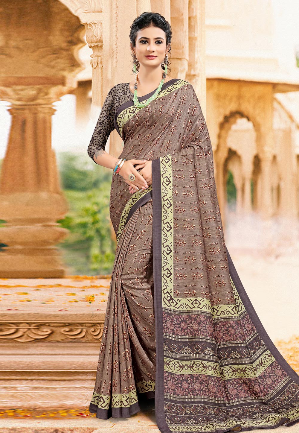 Brown Tussar Silk Printed Festival Wear Saree 228607