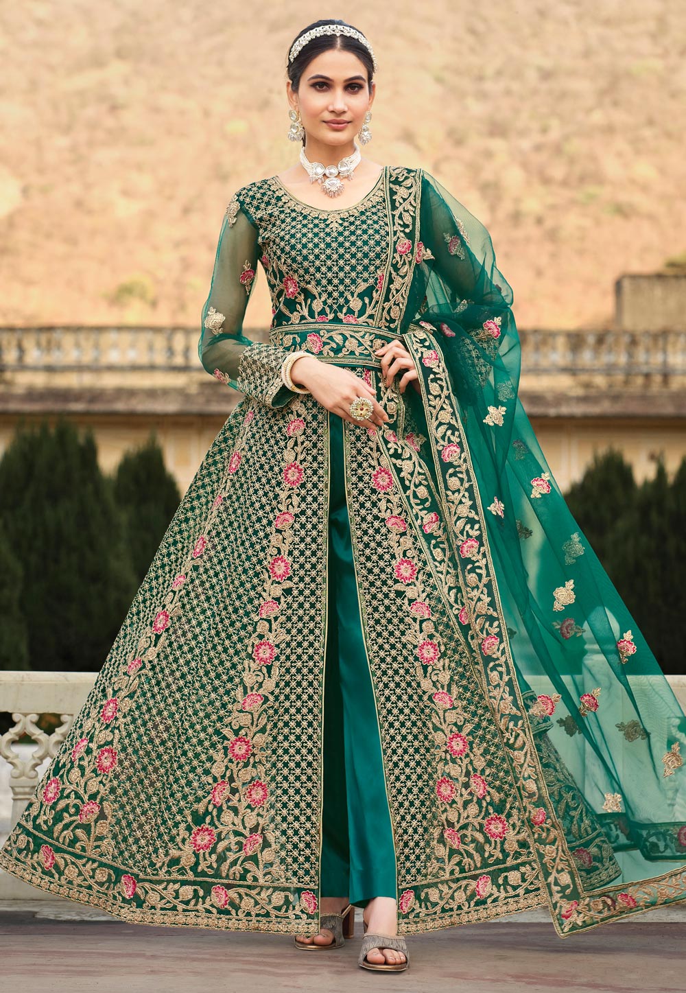 Green Net Embroidered Pant Style Suit 261819