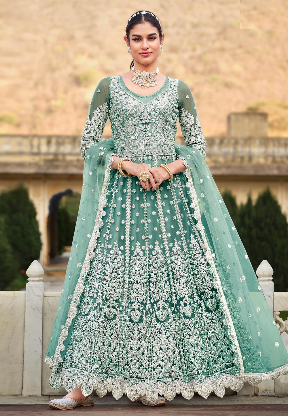 Sea Green Net Embroidered Long Anarkali Suit 262685