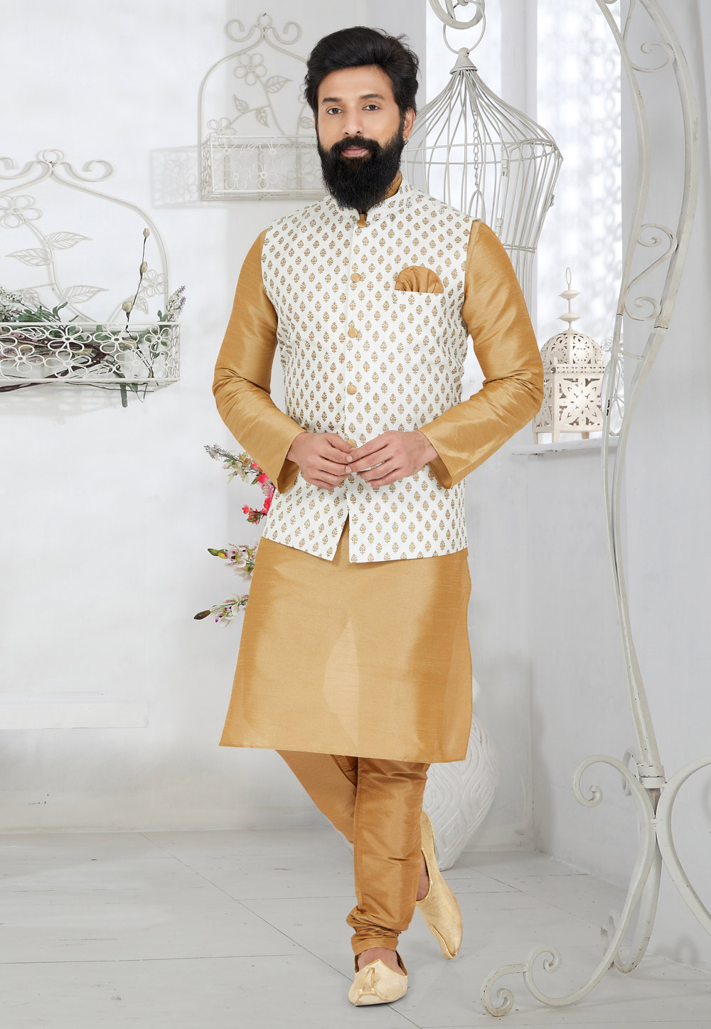 Beige Banarasi Kurta Pajama With Jacket 268535