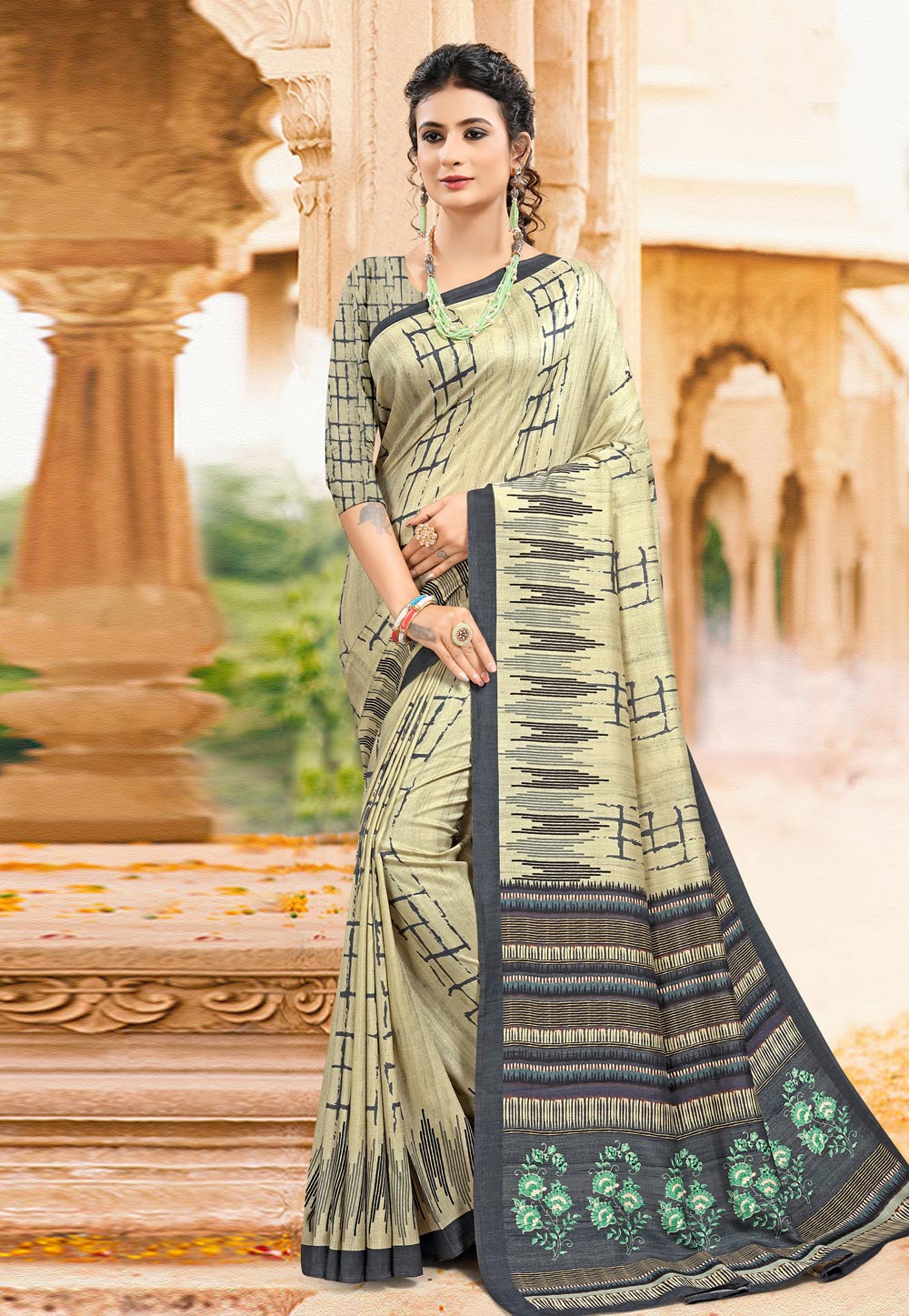Beige Tussar Silk Printed Saree With Blouse 228610