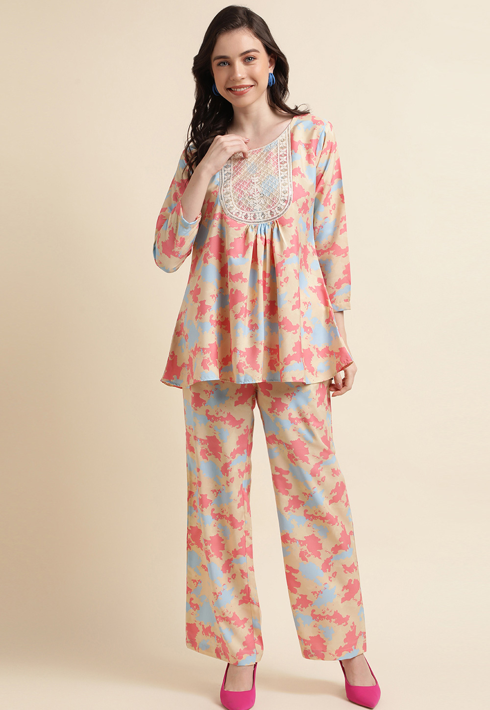 Beige Crepe Printed Co-Ords Set 270182