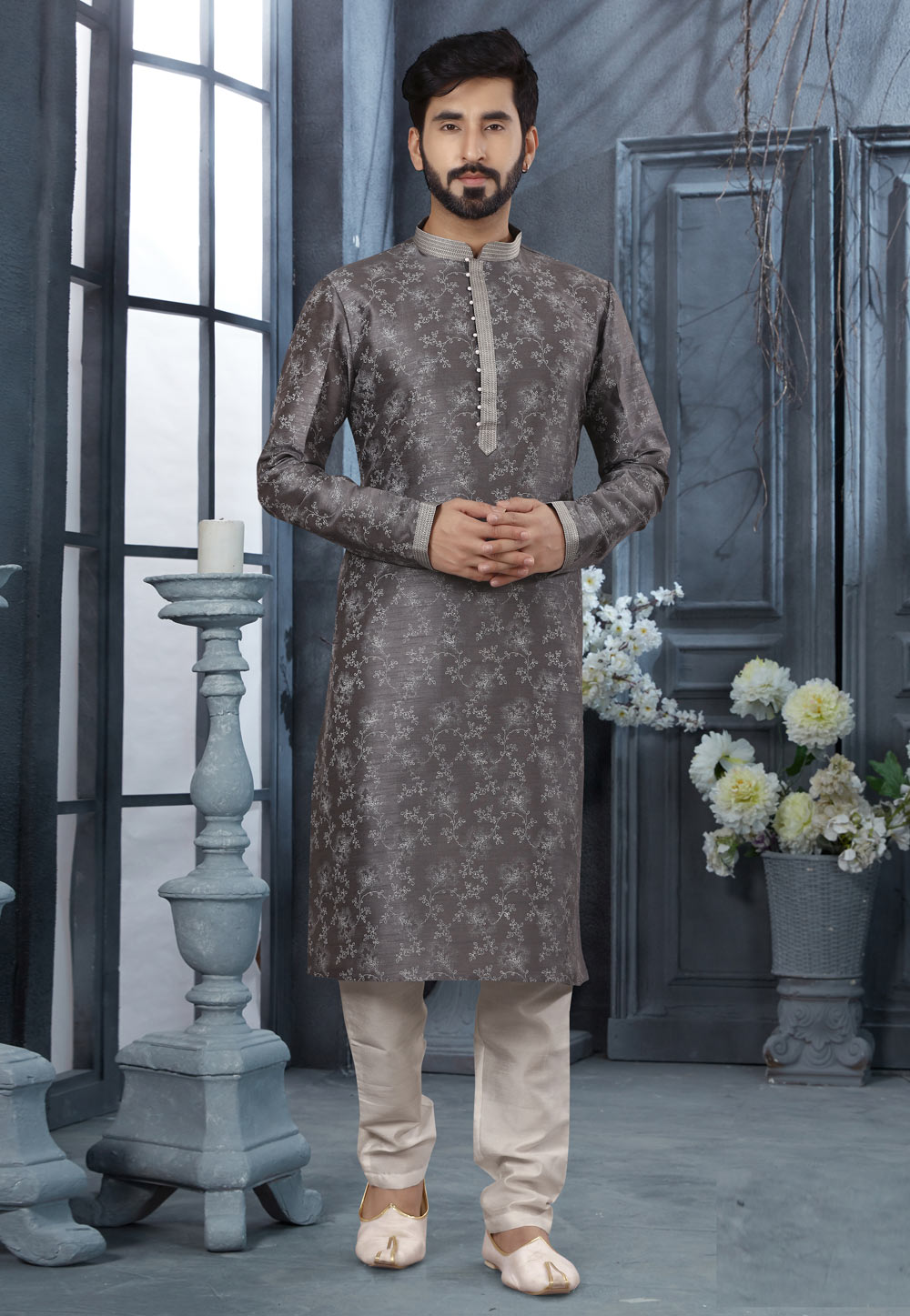 Grey Silk Kurta Pajama 250470