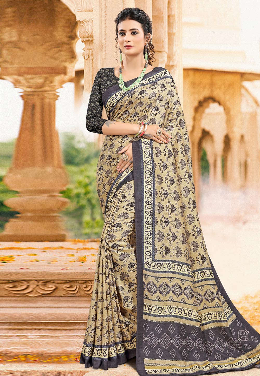 Beige Tussar Silk Printed Saree With Blouse 228612