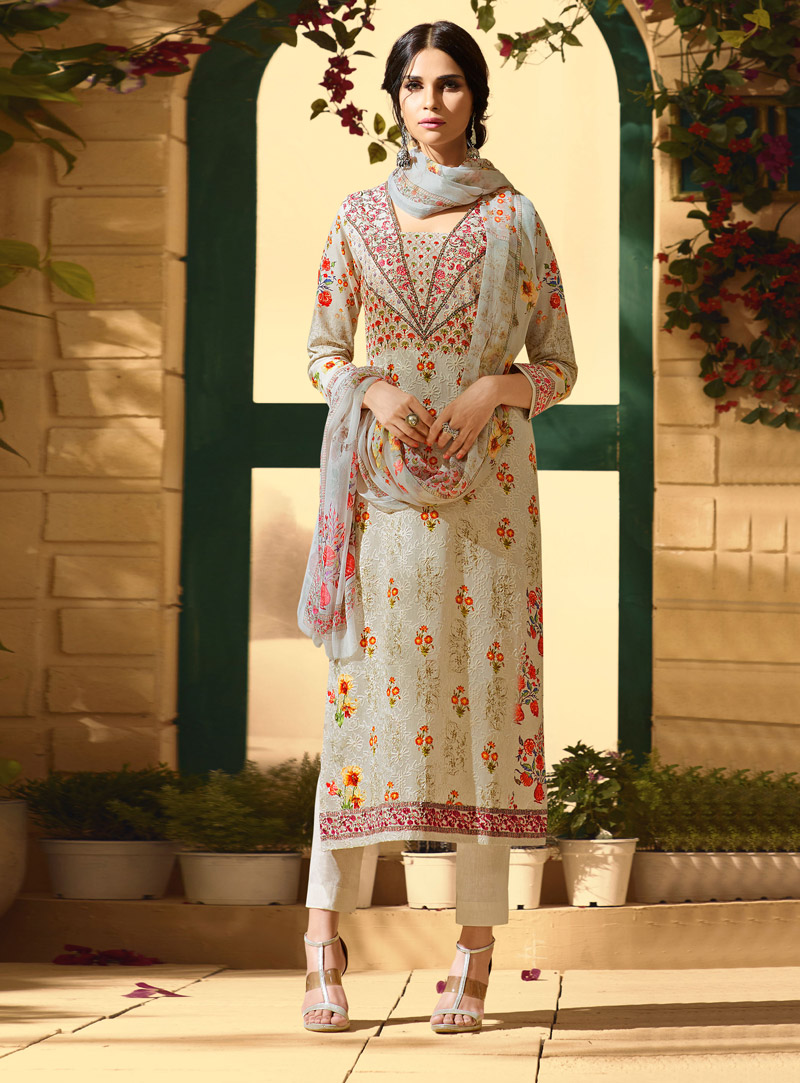 Off White Chiffon Pakistani Style Suit 94170