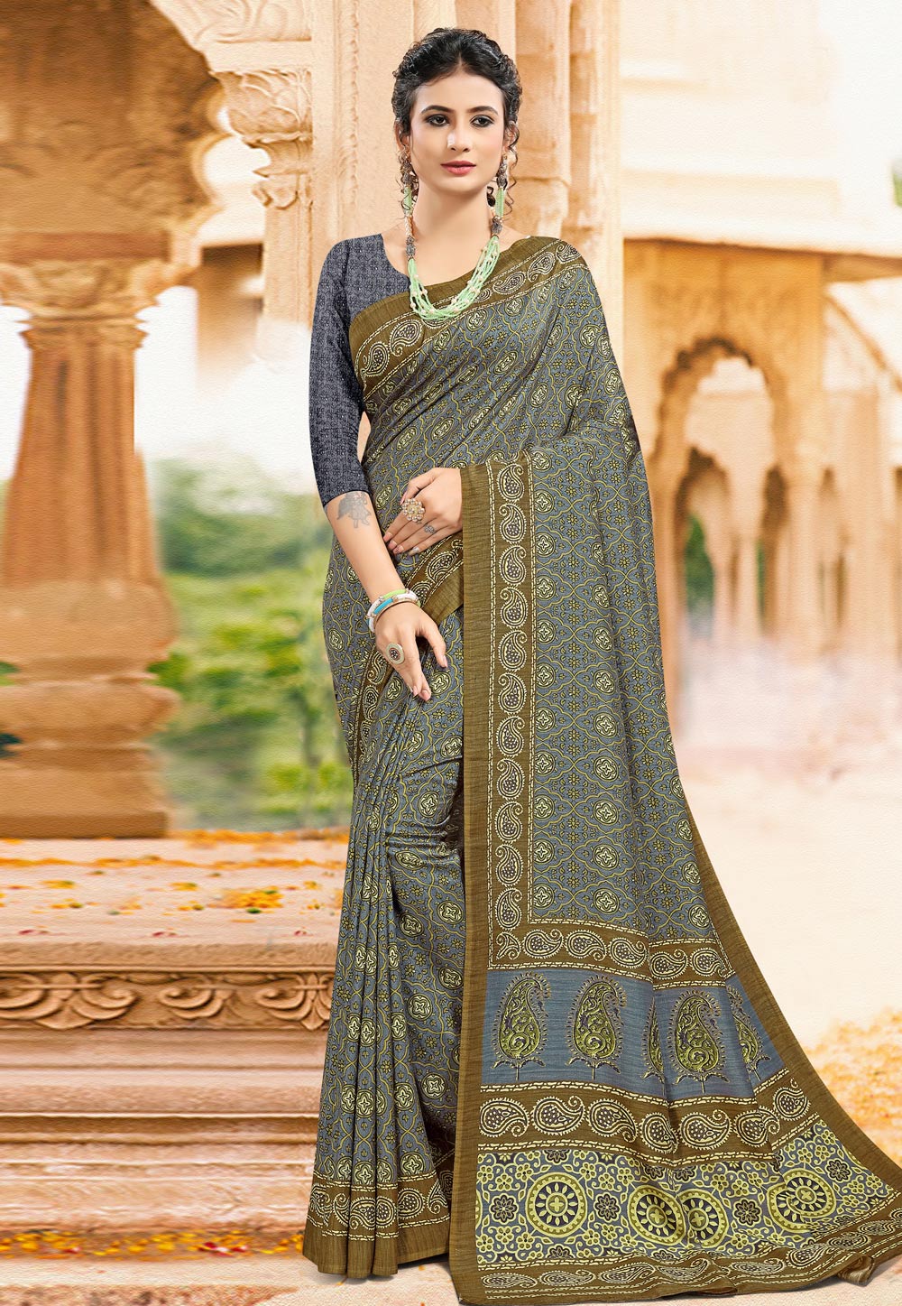 Grey Tussar Silk Printed Saree With Blouse 228614