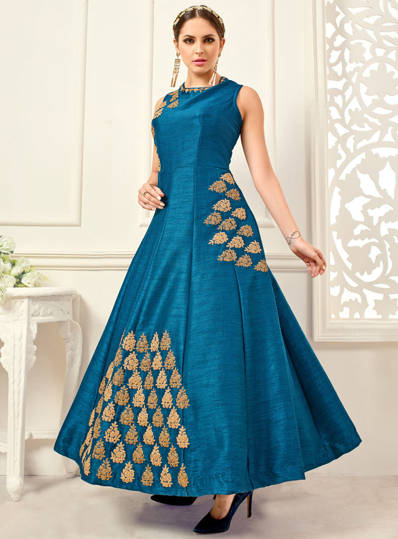 Blue Banglori Silk Ankle Length Anarkali Suit 86074