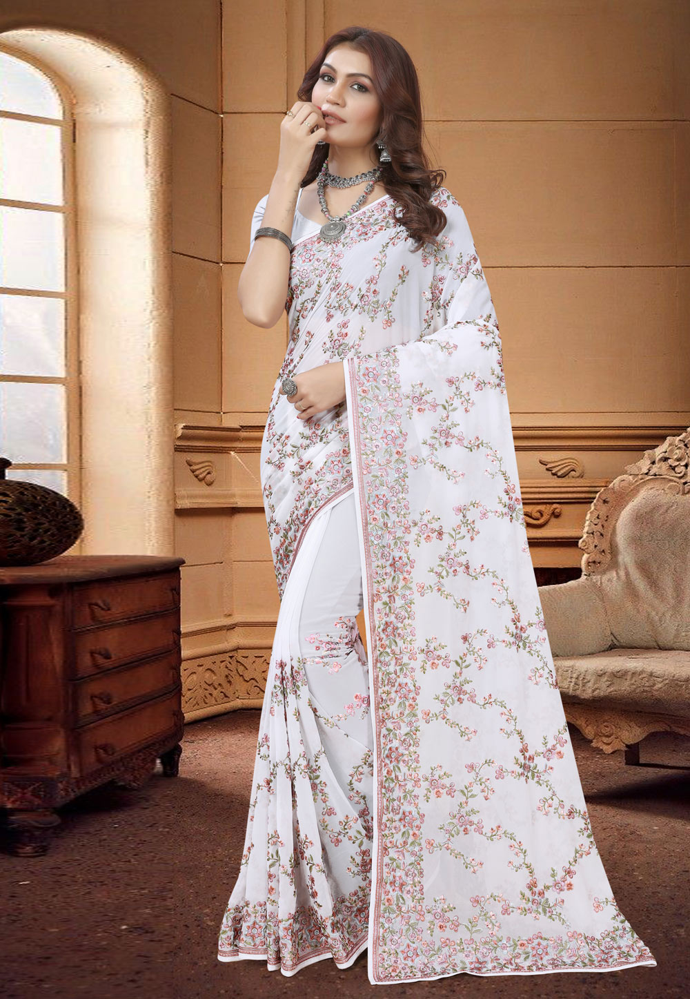 White Georgette Saree With Blouse 273281