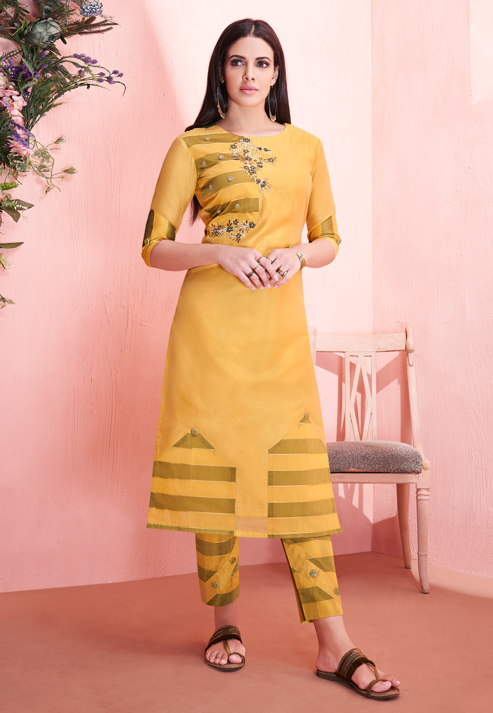 Yellow Silk Readymade Pant Style Suit 204127