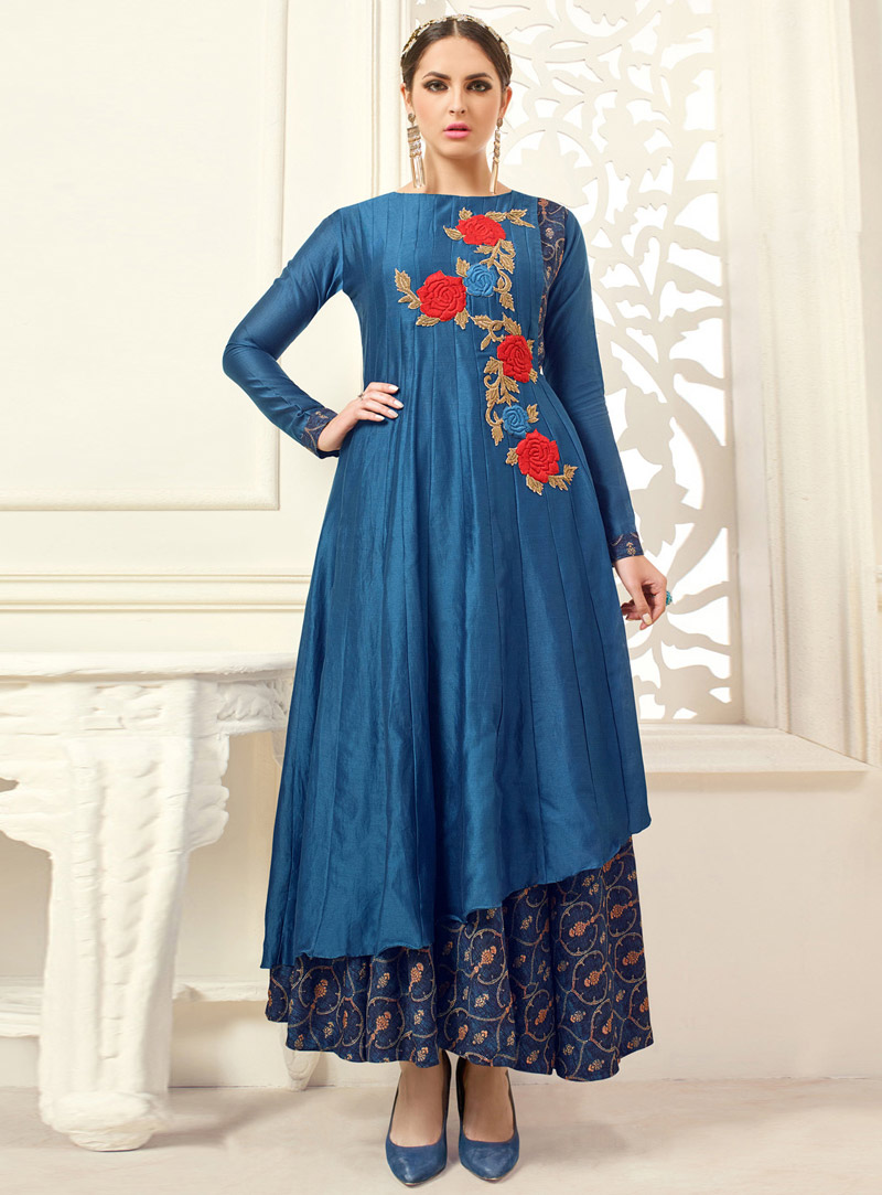 Blue Banglori Silk Ankle Length Layer Anarkali Suit 86079