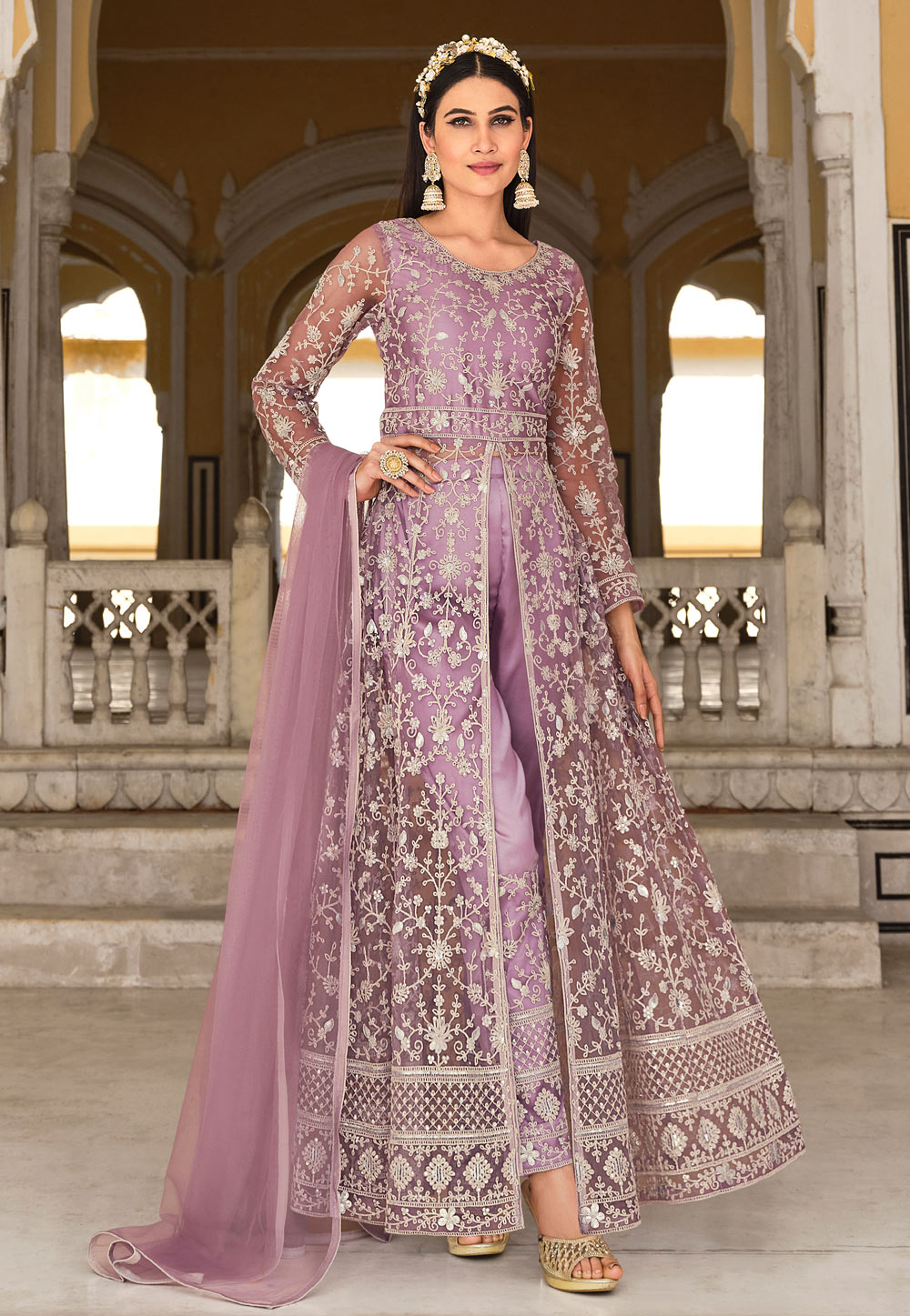 Light Purple Net Embroidered Center Slit Anarkali Suit 265443