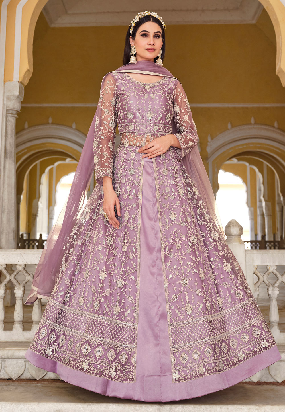 Light Purple Net Embroidered Anarkali Style Lehenga Choli 265442