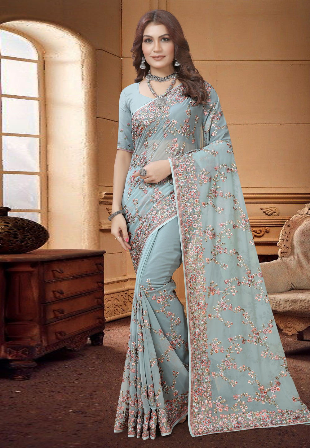 Sky Blue Georgette Saree With Blouse 273284