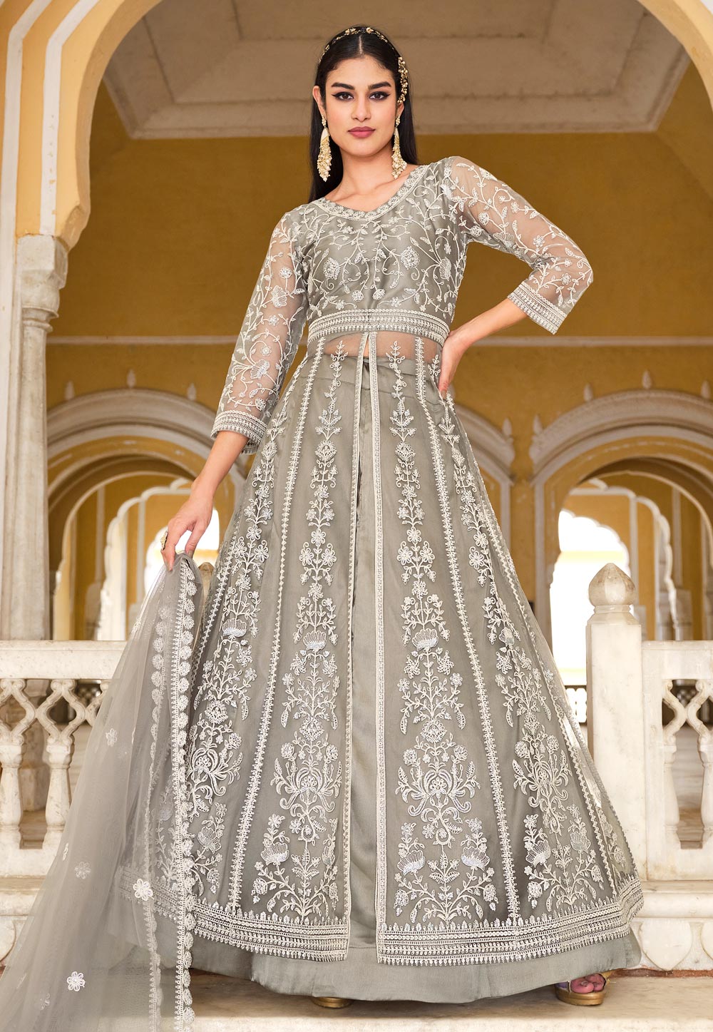 Cream Anarkali Dress | Party wear lehenga, Silk lehenga, Designer lehenga  choli