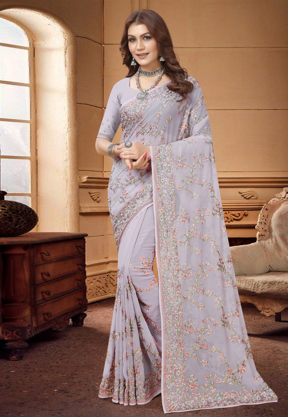 Lavender Georgette Saree With Blouse 273287