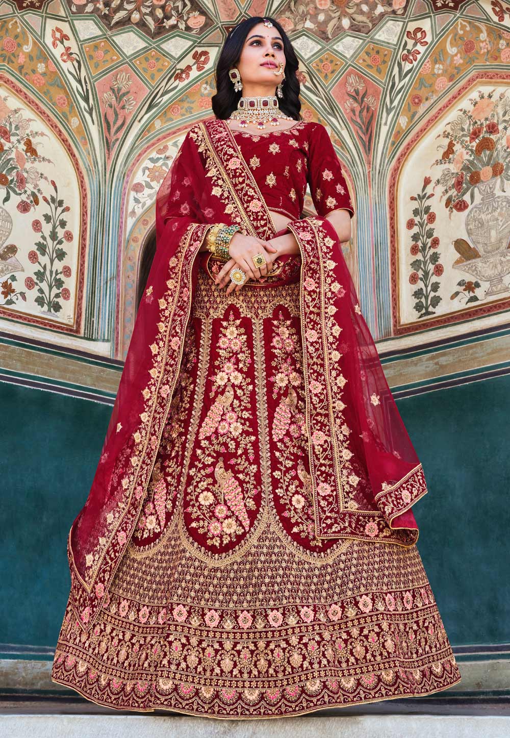 Buy Maroon Embroidered Pure Velvet Bridal Wedding Lehenga Choli for Women  From Ethnic Plus