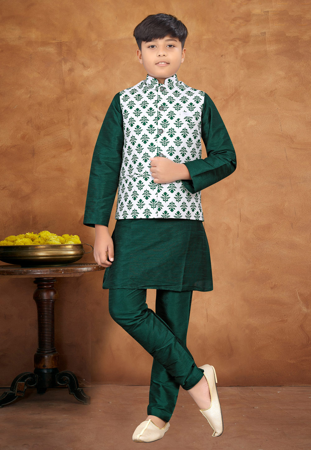 Green Silk Kids Kurta Pajama With Jacket 258947