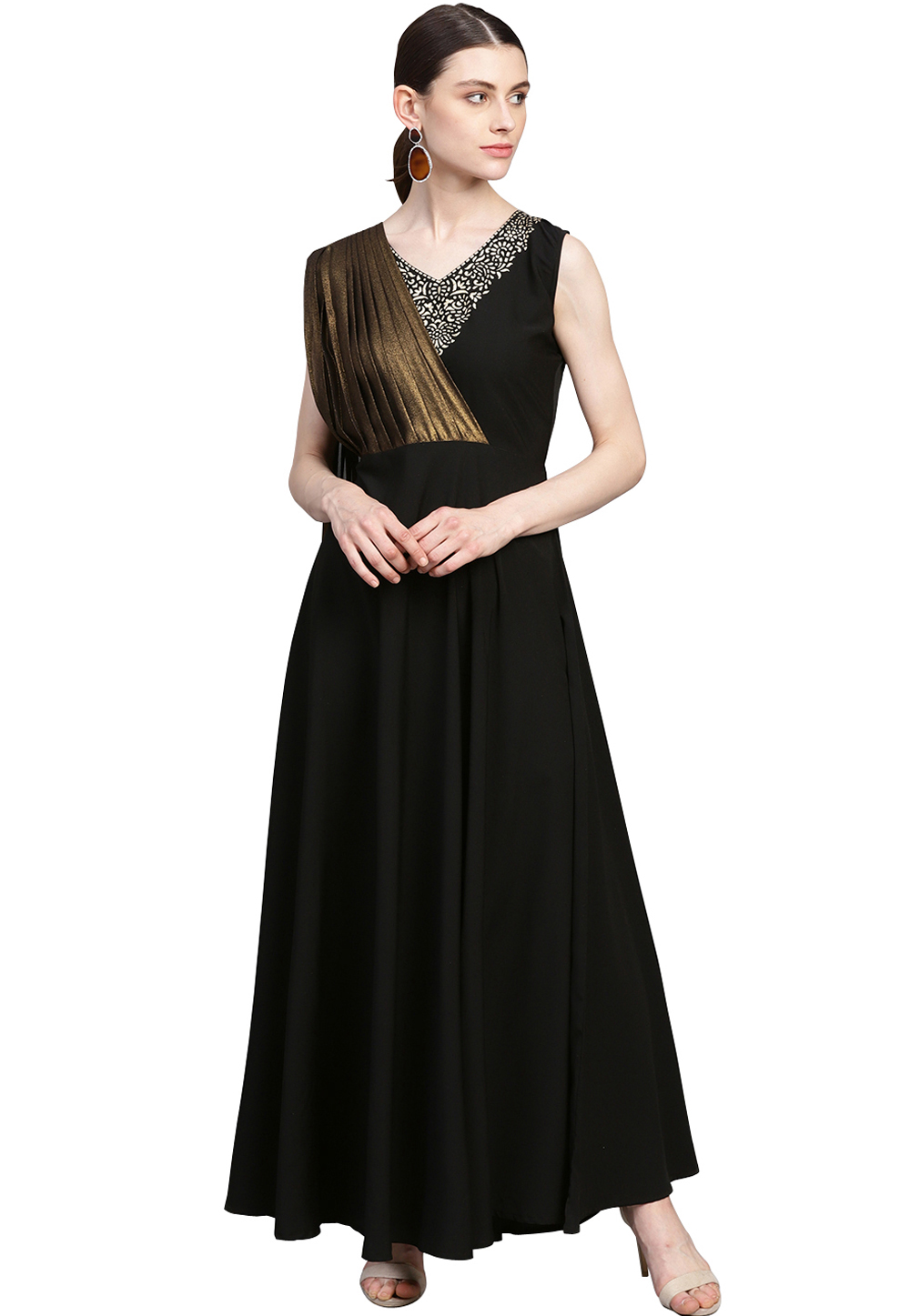 Black Crepe Readymade Party Wear Gown 176616