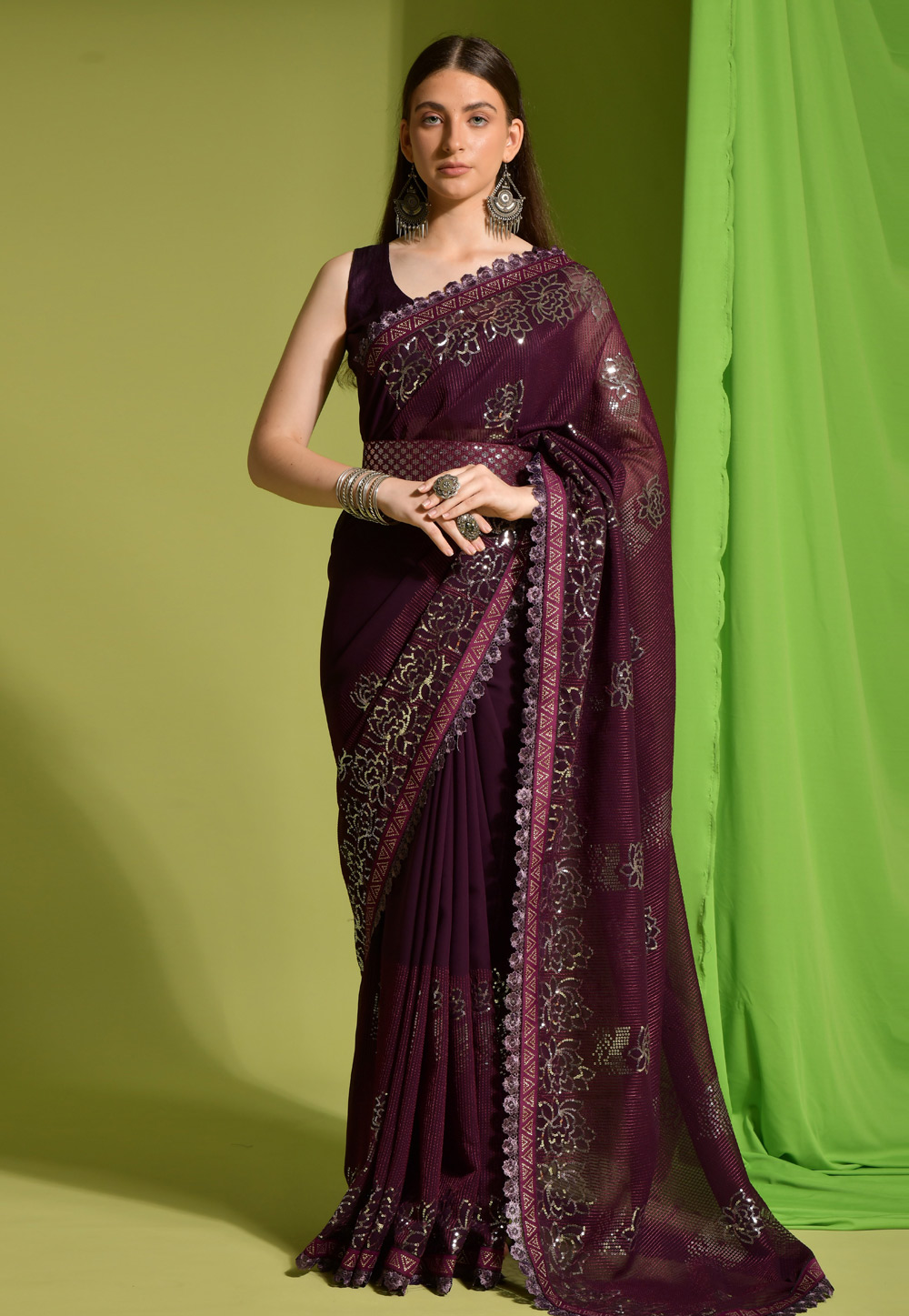 Wine Georgette Sequence Saree 267795