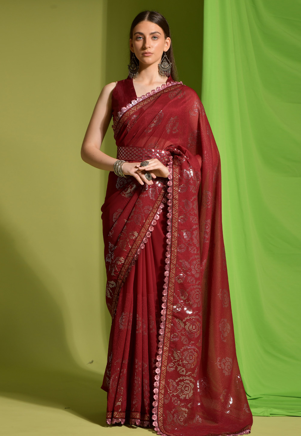 Maroon Georgette Sequence Saree 267797