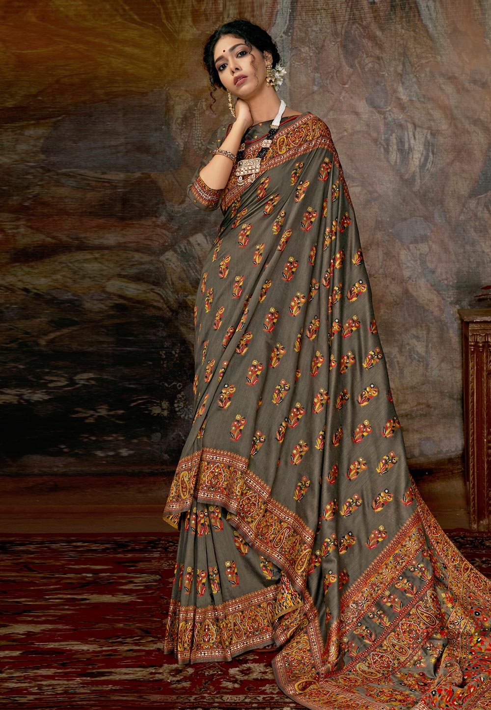 Grey Banarasi Silk Saree With Blouse 213697