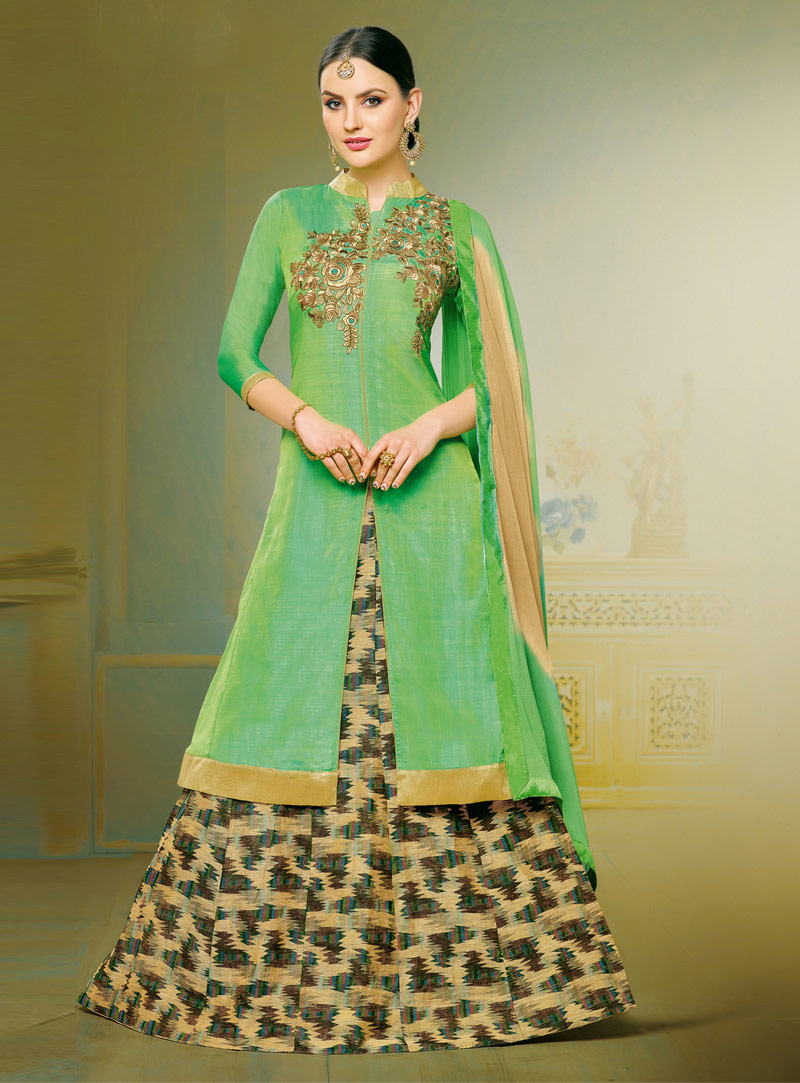 Green Banarasi Silk Long Choli Lehenga 86419