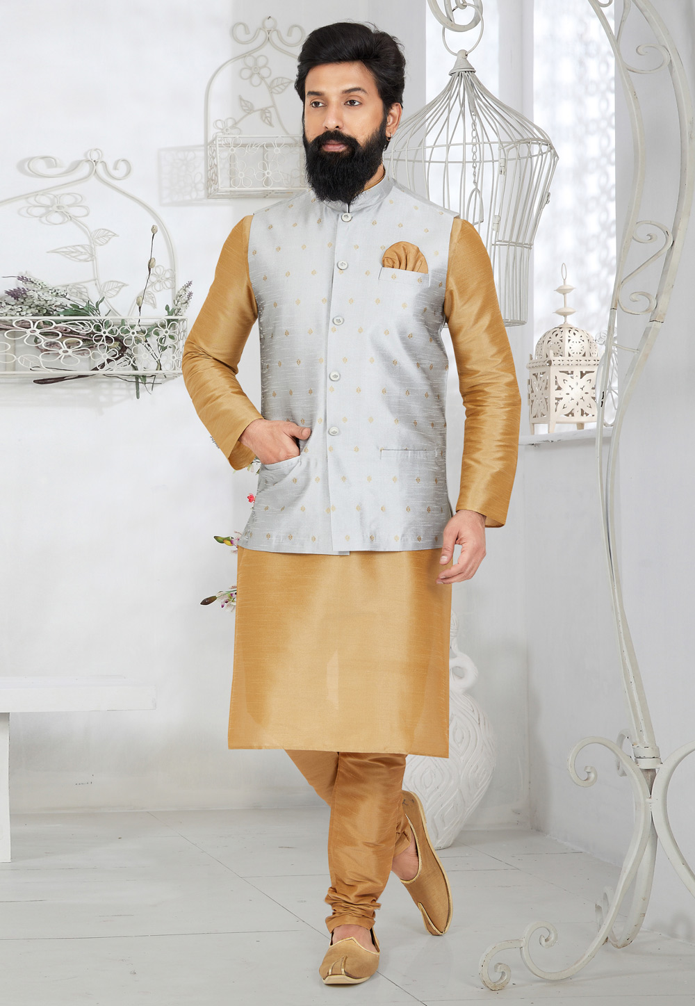 Beige Banarasi Kurta Pajama With Jacket 268551