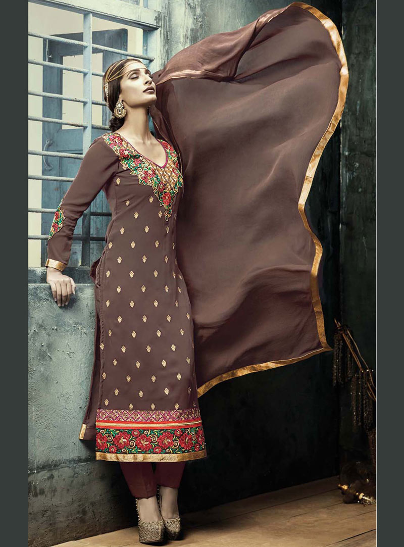 Brown Georgette Pakistani Style Suit 68544