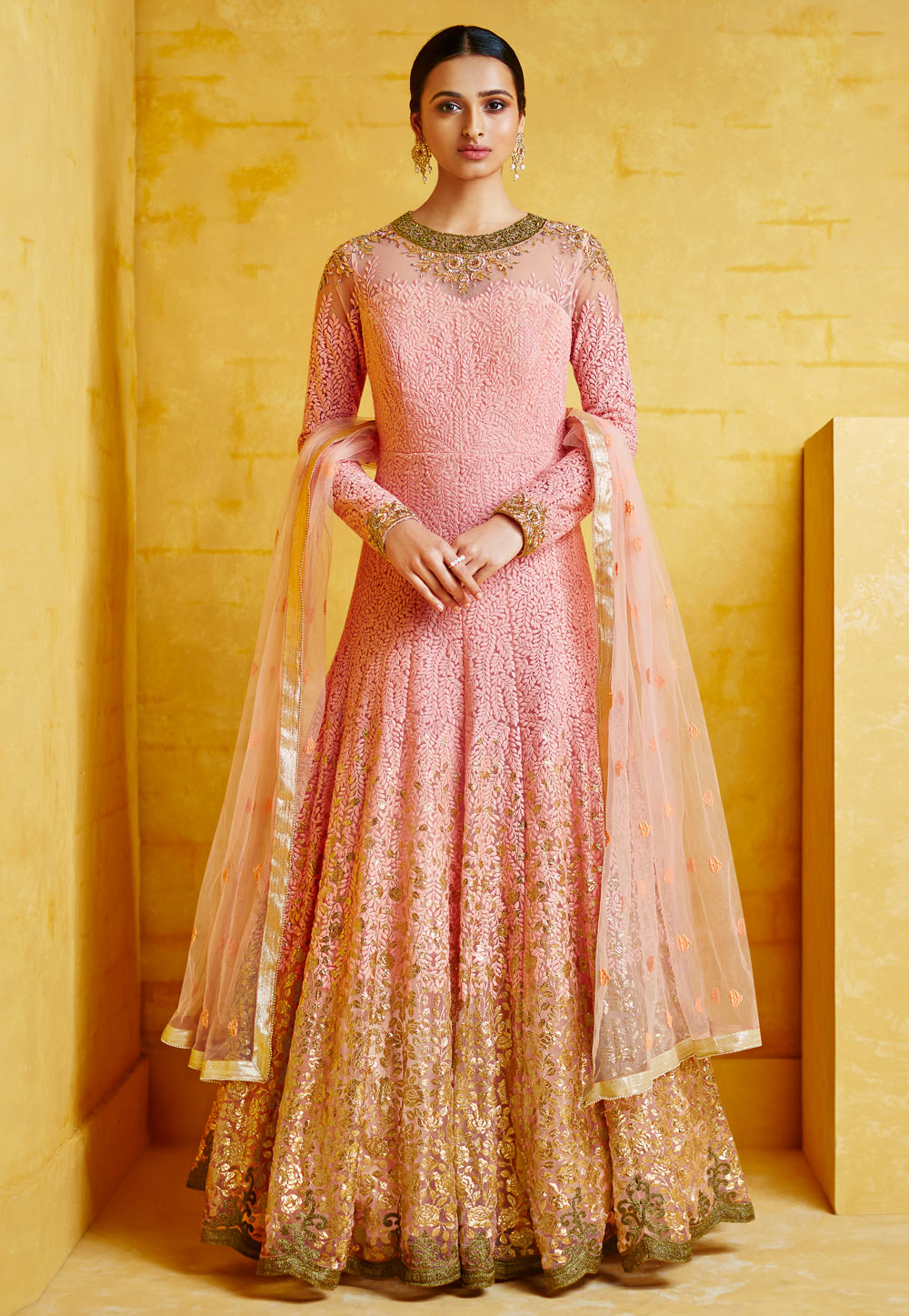 Pink Georgette Readymade Long Anarkali Suit 195334
