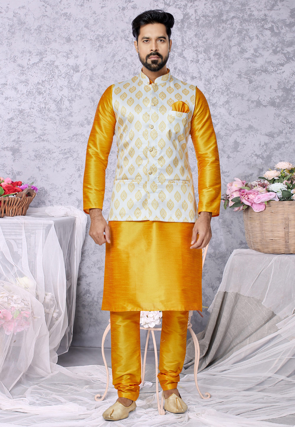 Golden Banarasi Kurta Pajama With Jacket 268555