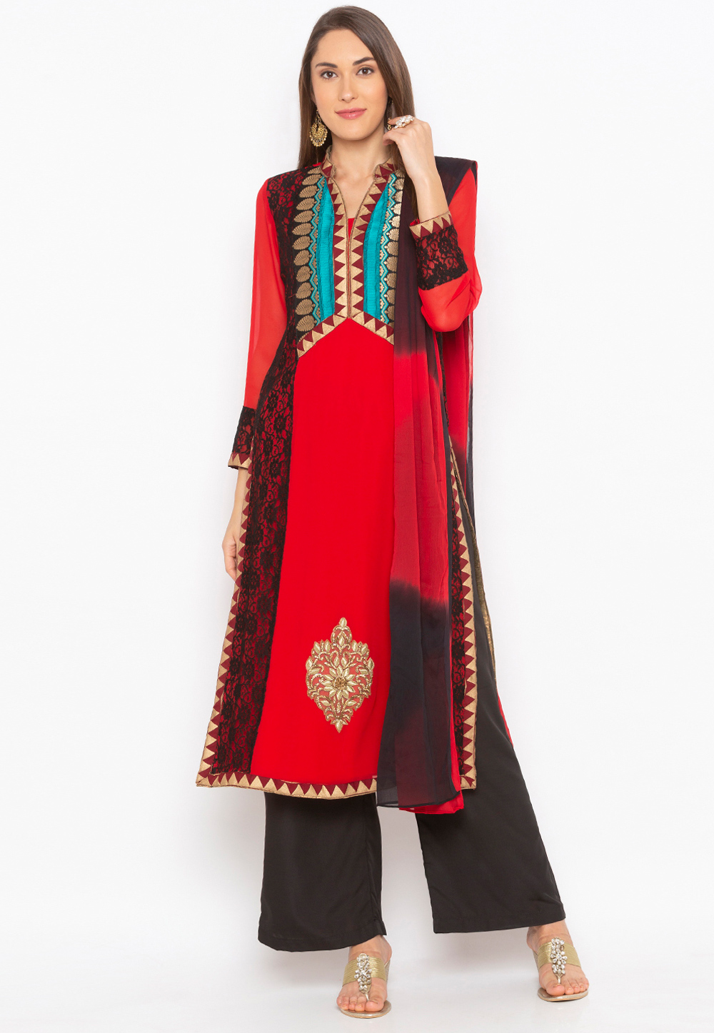 Red Georgette Readymade Palazzo Suit 239427