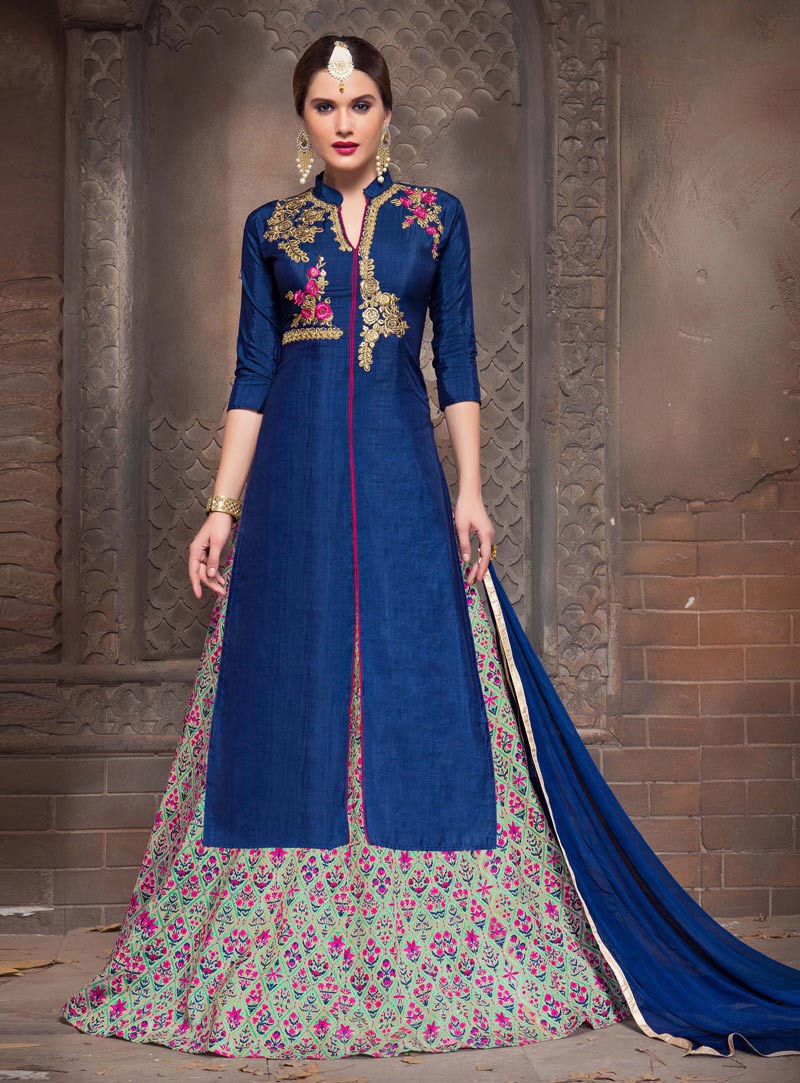 Navy Blue Bhagalpuri Silk Long Choli Lehenga 86701