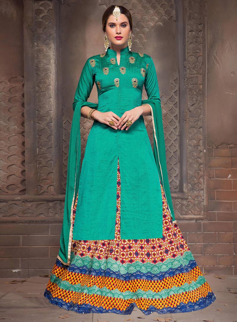 Turquoise Bhagalpuri Silk Lehenga With Long Choli 86704