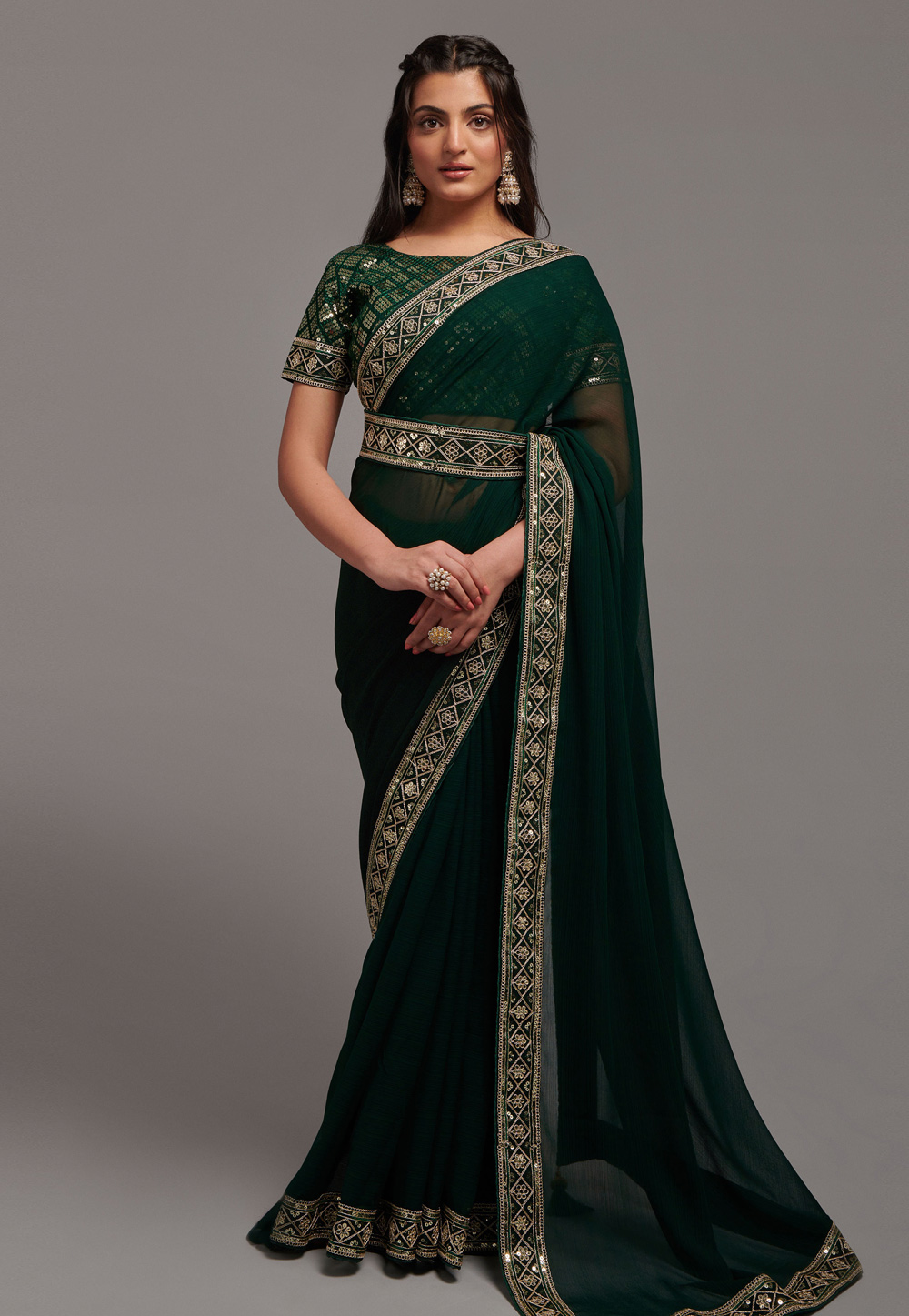 Green Chinon Saree With Blouse 267061