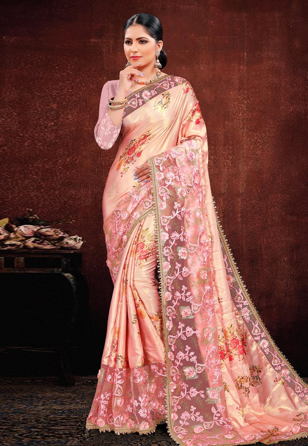 Peach Satin Georgette Saree Set Design by Phatakaa at Pernia's Pop Up Shop  2024