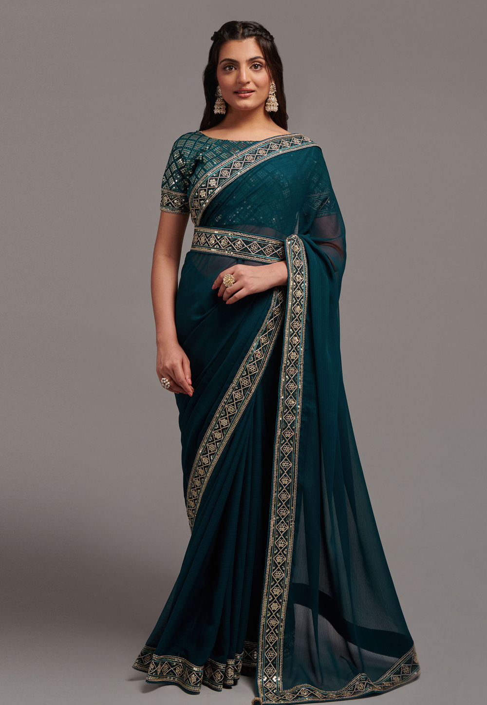 Teal Chinon Saree With Blouse 267062