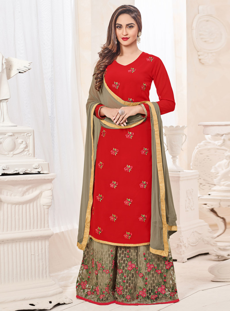 Krystle Dsouza Red Faux Georgette Palazzo Style Salwar Suit 104245
