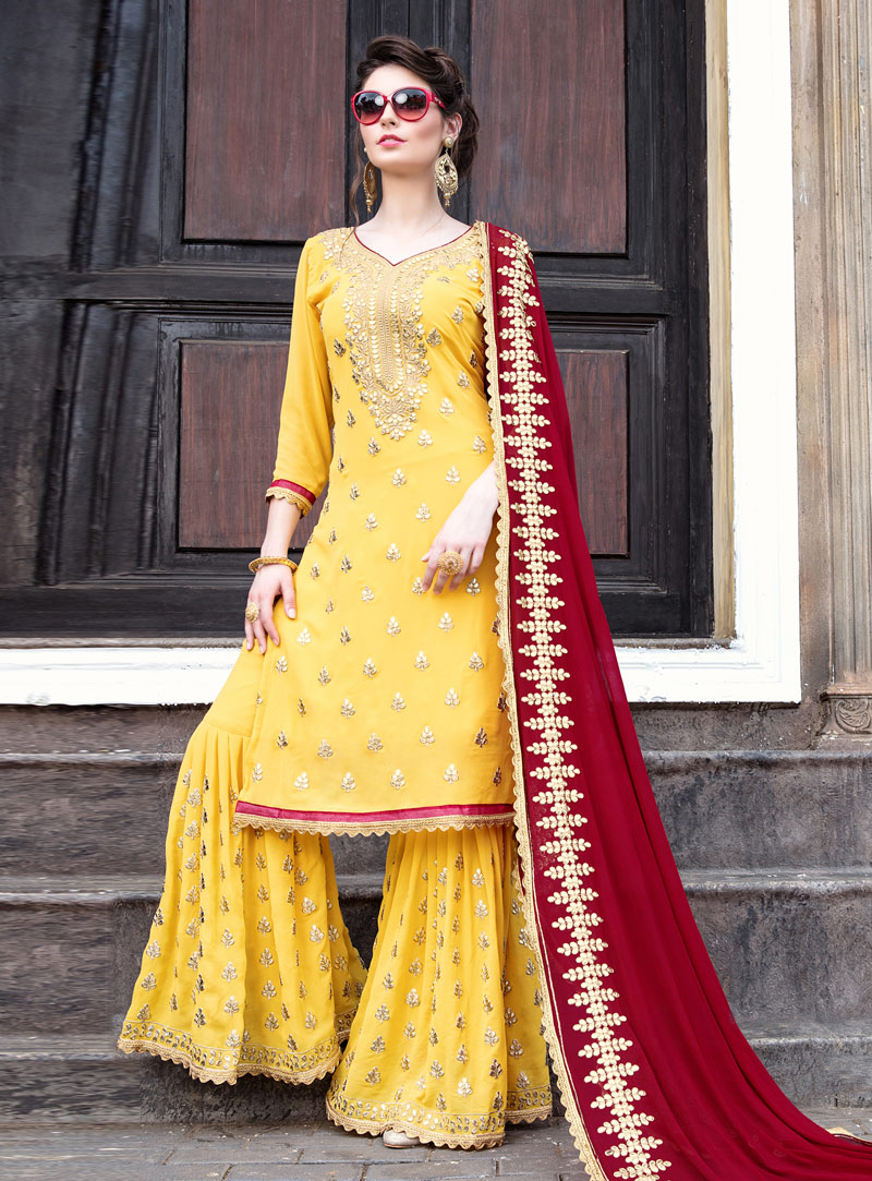Yellow Georgette Sharara Style Suit 138599