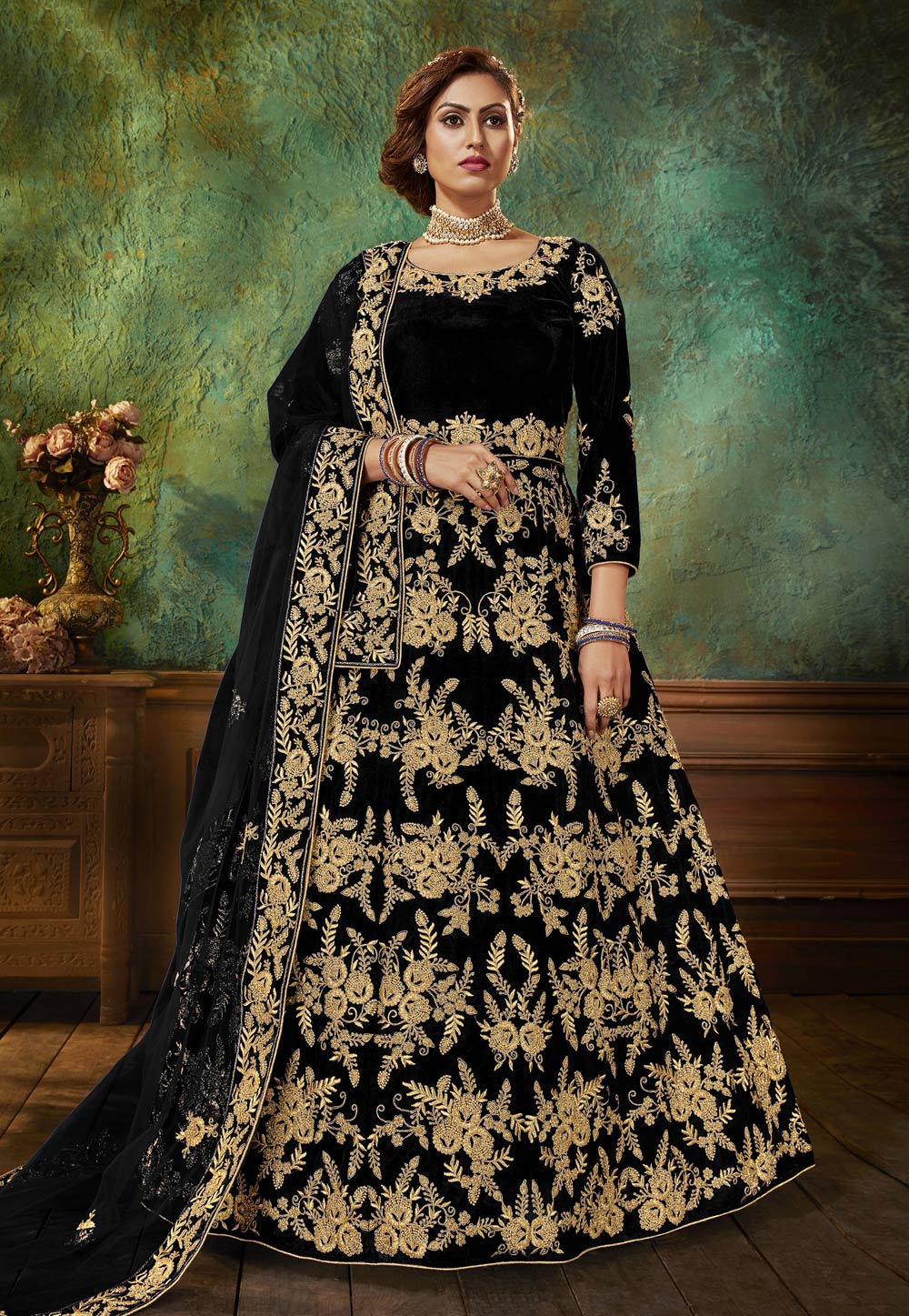 Black Velvet Abaya Style Anarkali Suit 219231