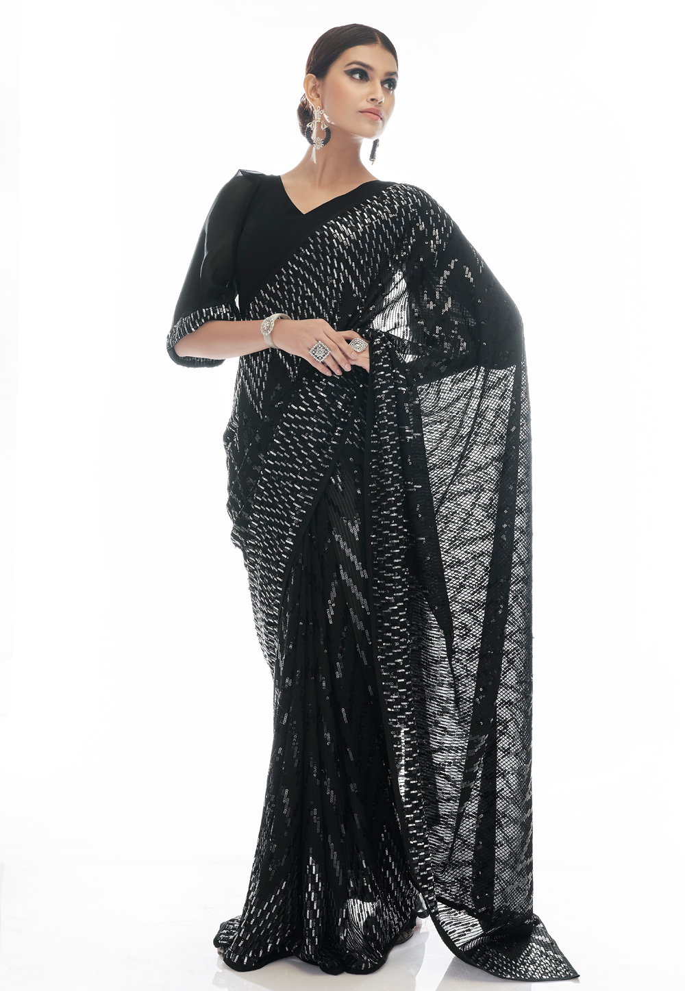 Black Georgette Sequence Saree With Blouse 247089